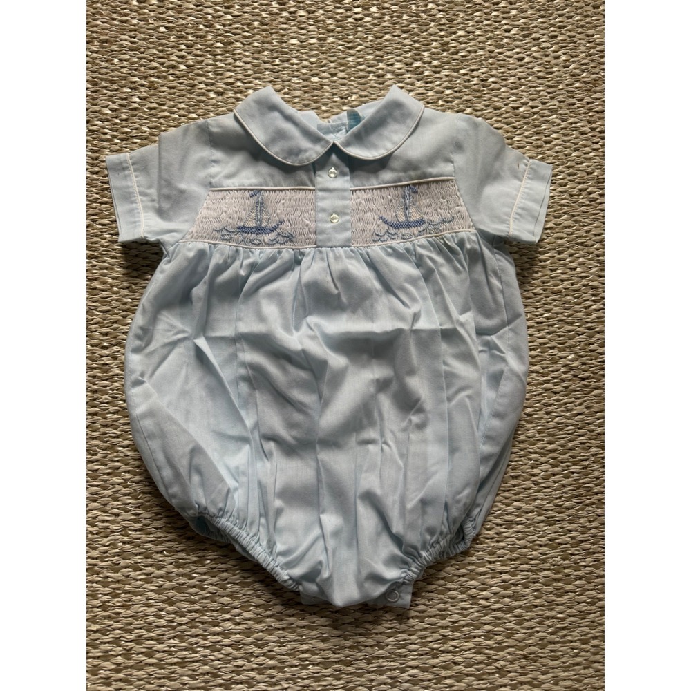 Bright Future Vintage Smocked Sailboat Bubble Romper Blue 6-9M Peter Pan Collar